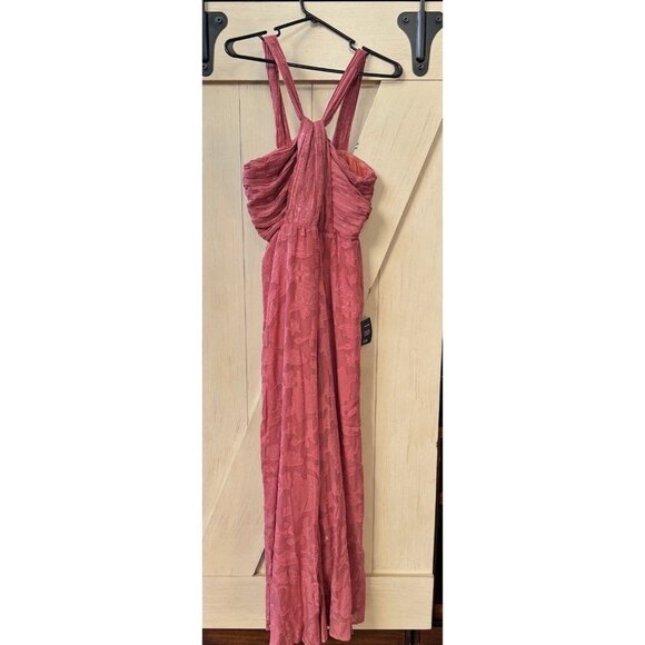 Lulus Lovely Celebration Rose Pink floral burnout, chiffon pant suit - Picture 2 of 7